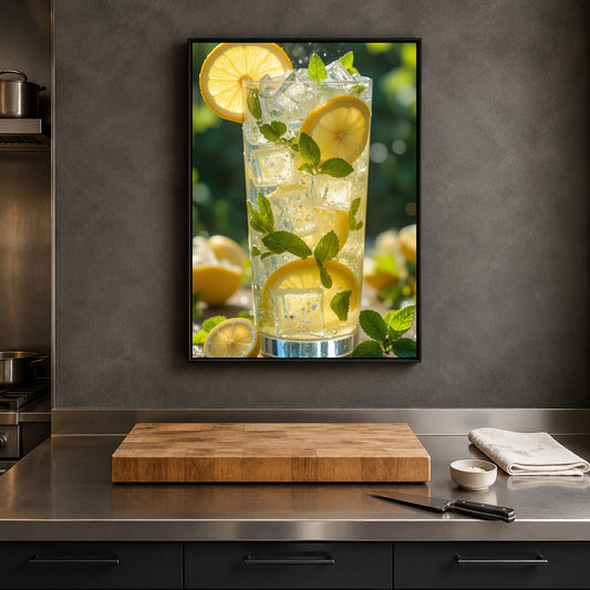 A framed wall art print depicting a tall glass of lemonade with lemon slices, mint leaves, and ice, displayed on a dark gray kitchen wall above a wooden cutting board and countertop.