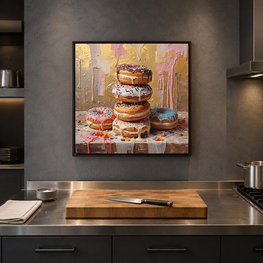 A framed square canvas print of a colorful stacked donut tower painting hanging on a dark gray kitchen wall above a stainless steel counter with a wooden cutting board and knife.
