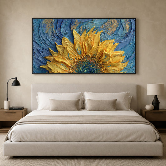 Golden Sunflower Blue Textured Canvas Wall Art Painting for Living Room
