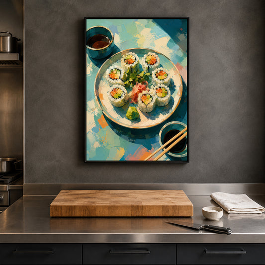 A framed vertical art print depicting colorful sushi on a plate, hanging on a dark gray kitchen wall above a stainless steel counter with a wooden cutting board and knife.