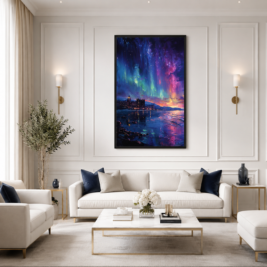 Aurora Night Sky Canvas Wall Art Vertical Coastal Landscape Art