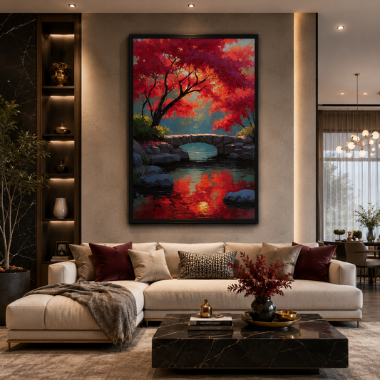 Red Autumn Tree Bridge Canvas Wall Art