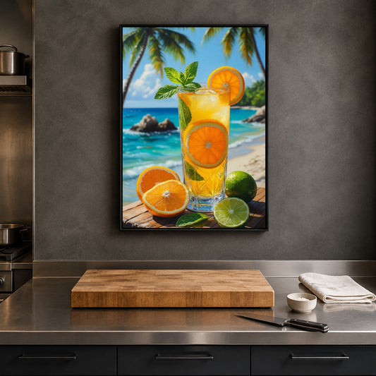 A framed tropical beach cocktail art print hangs on a dark gray kitchen wall above a wooden cutting board and stainless steel countertop.