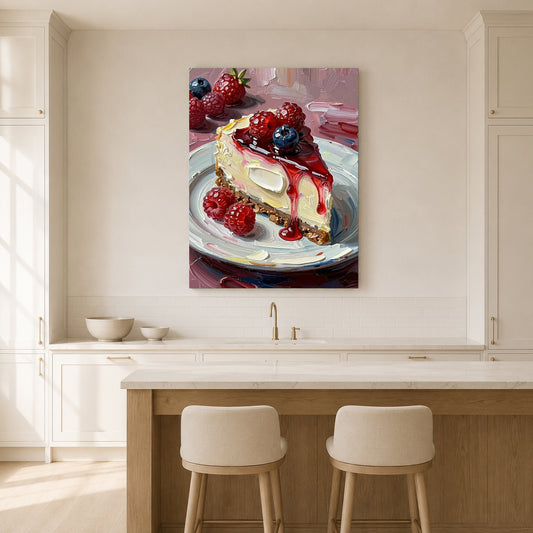 A vertical canvas wall art print depicting a slice of cheesecake with fresh berries, displayed in a bright, modern kitchen above a wooden island and two bar stools.
