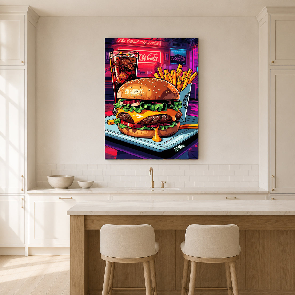 A colorful canvas wall art print featuring a gourmet burger with fries and a drink, displayed on a kitchen wall above a counter with two stools.