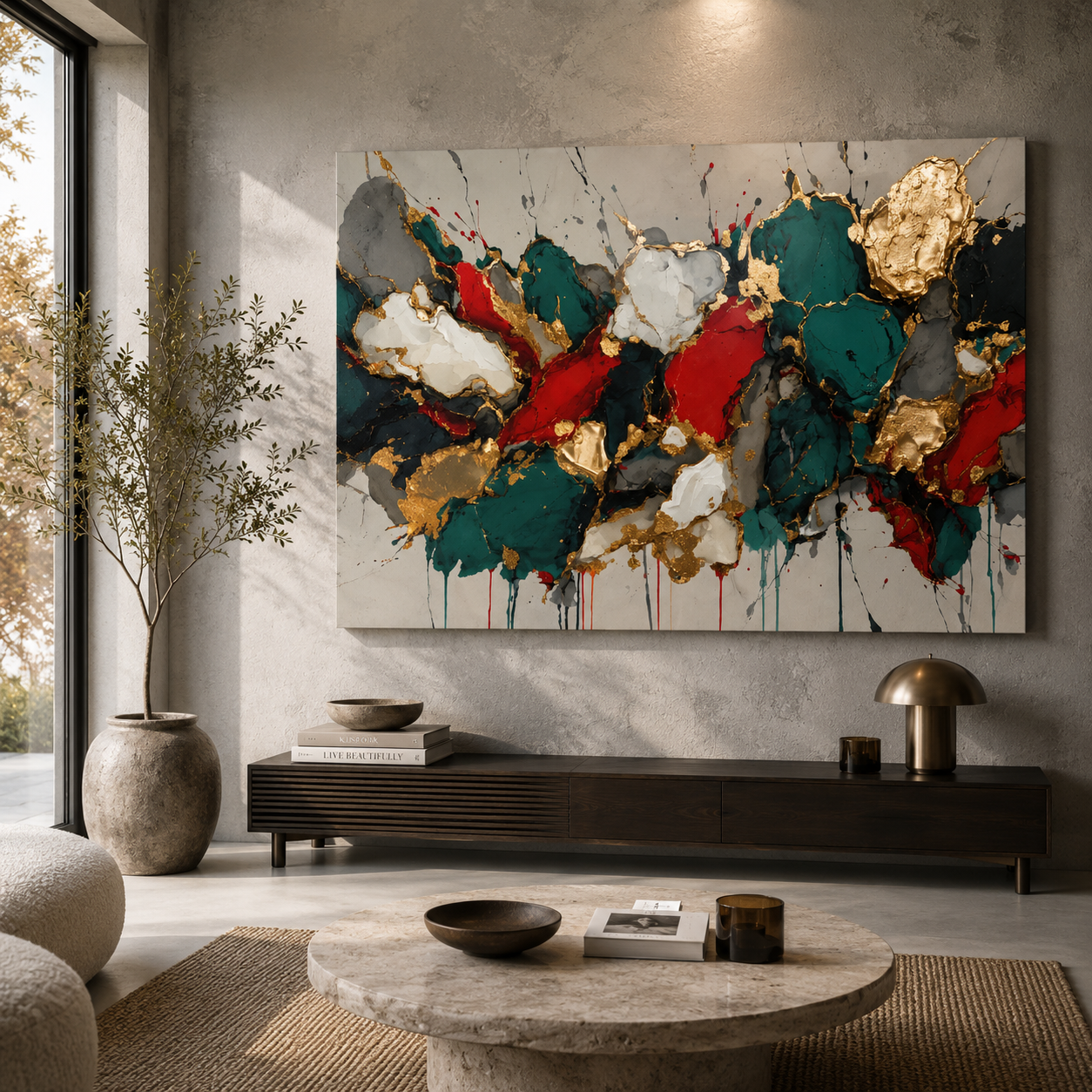 Royal Fusion Abstract Wall Art – Luxury Red, Teal & Gold Canvas Painting
