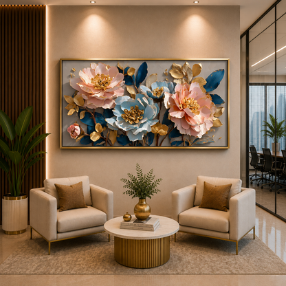 Luxury Blue & Blush Floral Wall Art Canvas for Modern Interiors