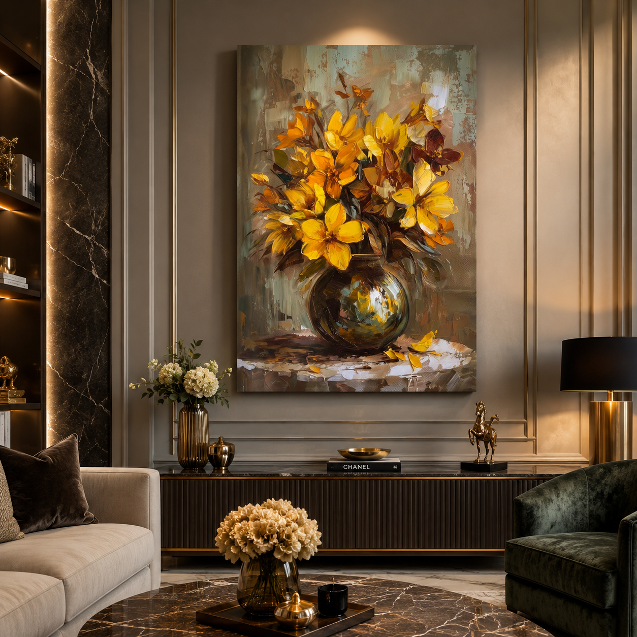 Golden Yellow Floral Vase Canvas Wall Art for Elegant Home Décor