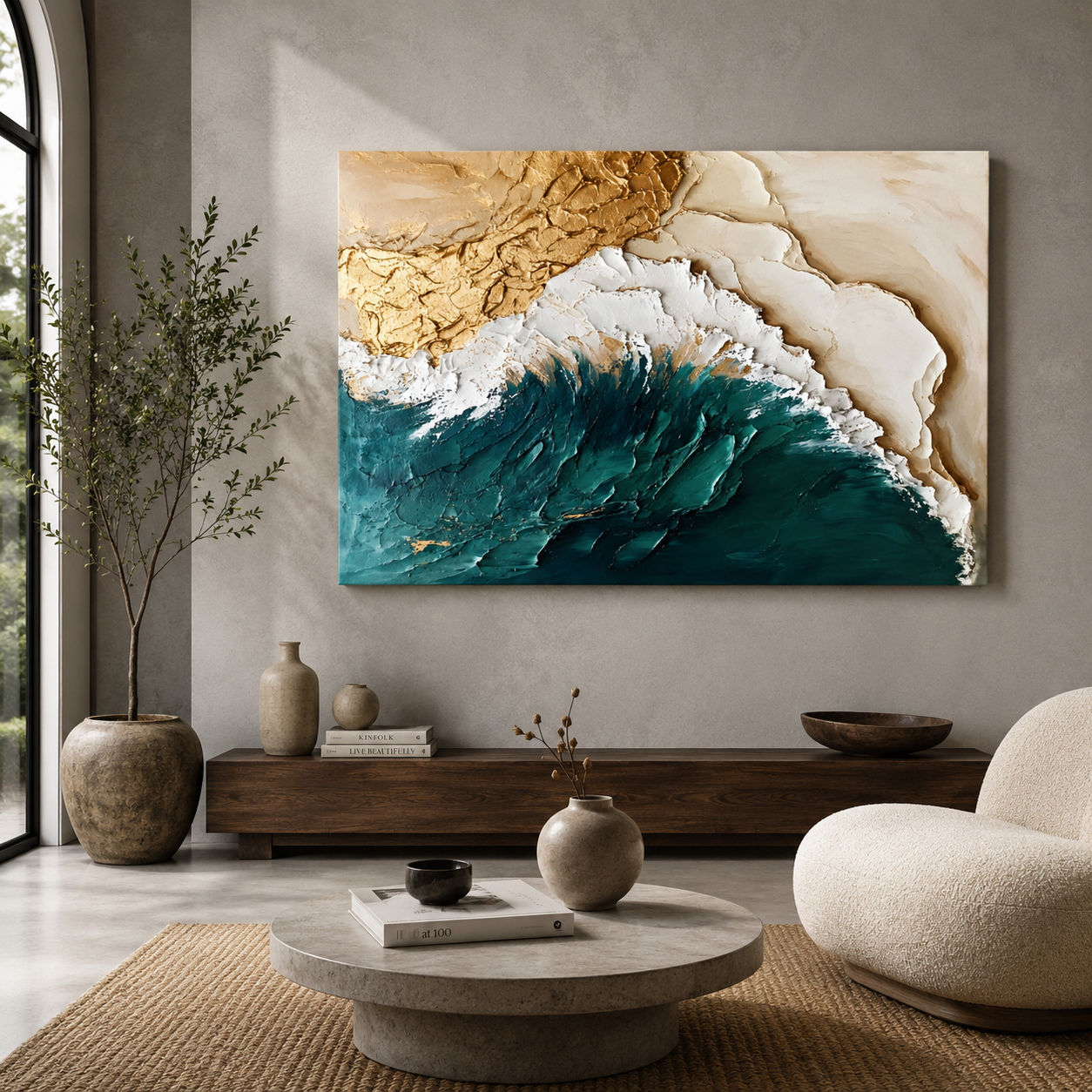 Ocean Crest Abstract Wall Art – Luxury Teal & Gold Modern Canvas Painting