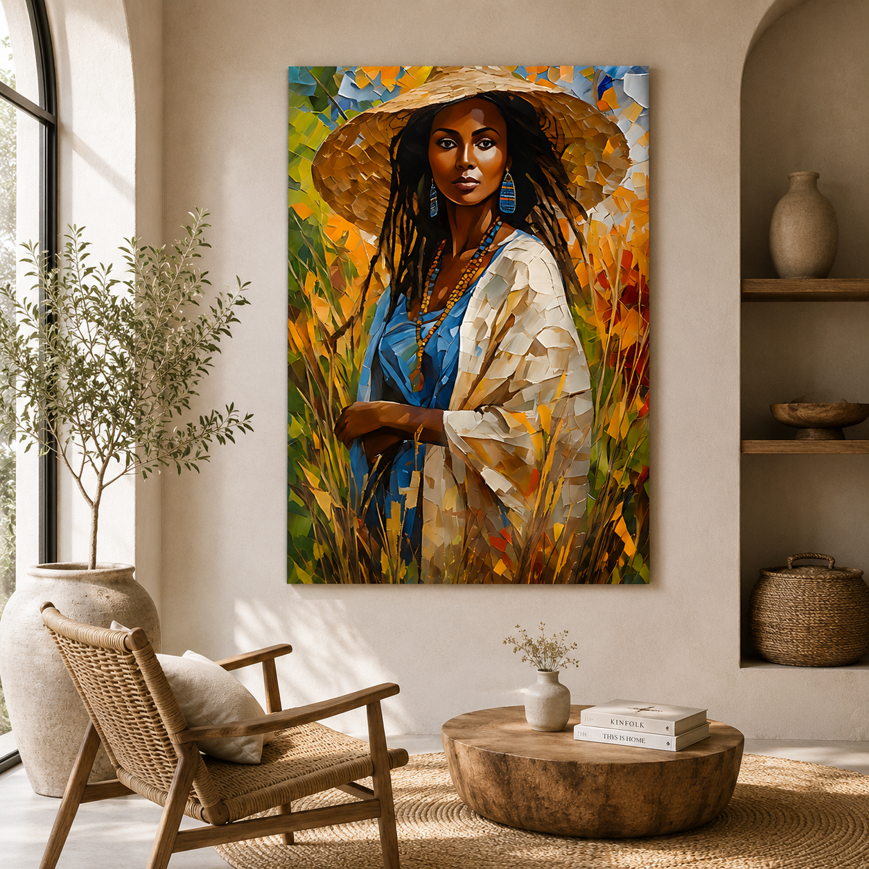 African Woman in Straw Hat Canvas Wall Art for Modern Home Decor