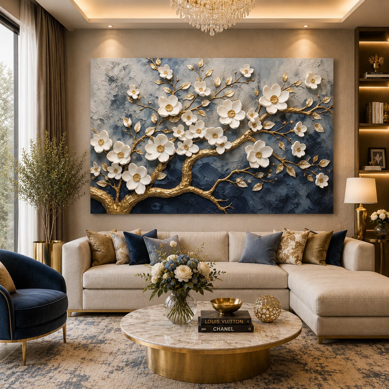 Luxury White Blossom Tree Canvas Wall Art with Gold Accents Decor