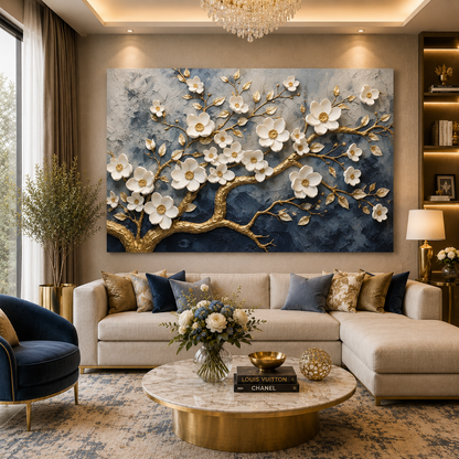 Luxury White Blossom Tree Canvas Wall Art with Gold Accents Decor