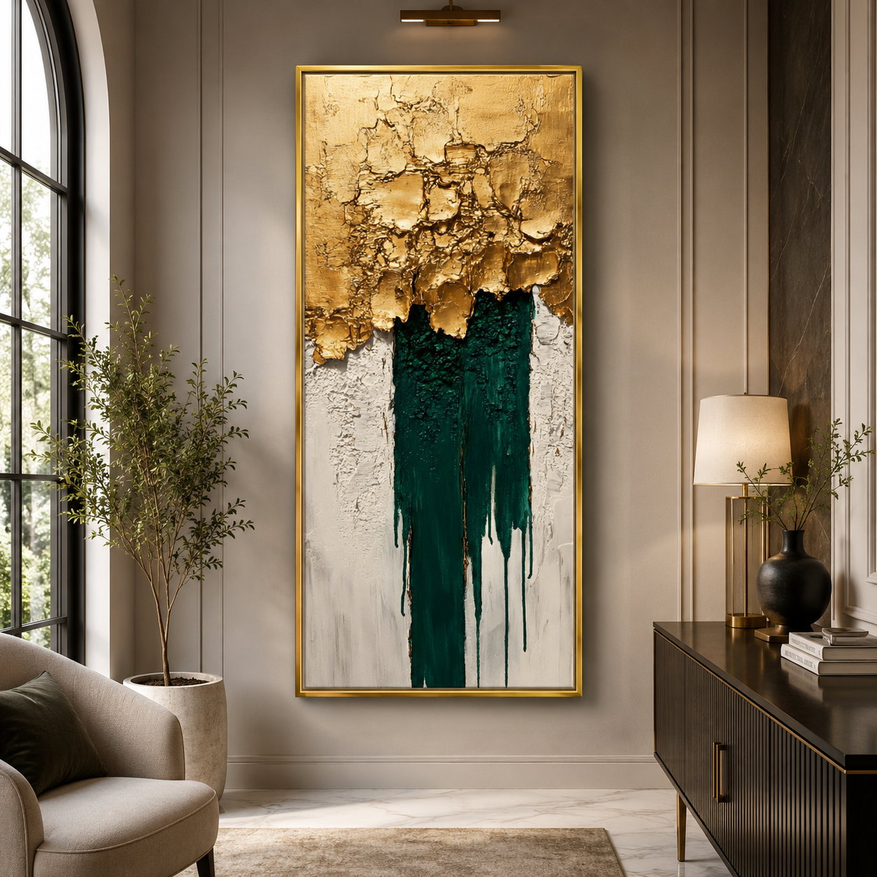 Emerald Cascade Abstract Wall Art – Luxury Gold & Green Canvas Painting