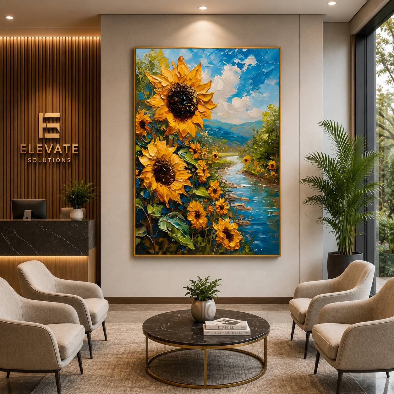 Sunflower River Landscape Canvas Wall Art for Modern Office Décor