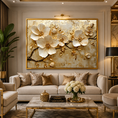 Elegant White Magnolia Floral Canvas Wall Art with Gold Accents