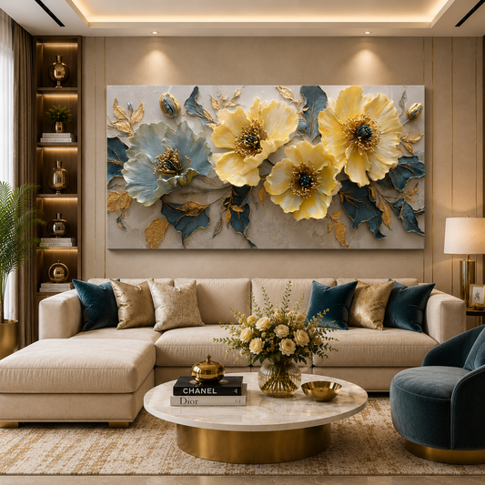 Luxury Yellow Floral Abstract Wall Art Canvas for Modern Décor