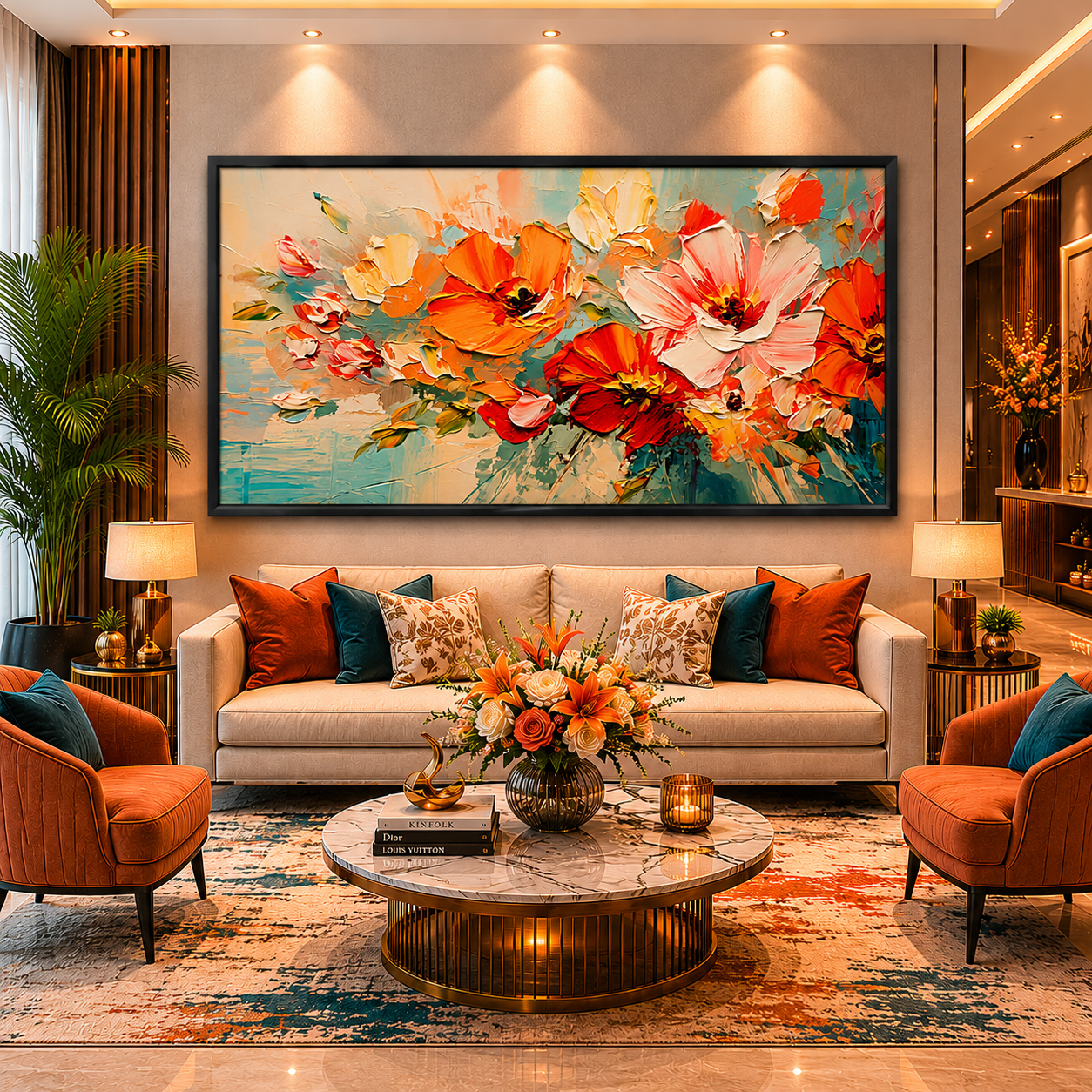 Modern Orange Floral Abstract Canvas Wall Art for Luxury Décor