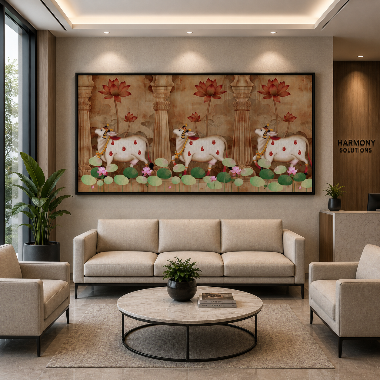 Sacred Cow & Lotus Temple Style Traditional Wall Art