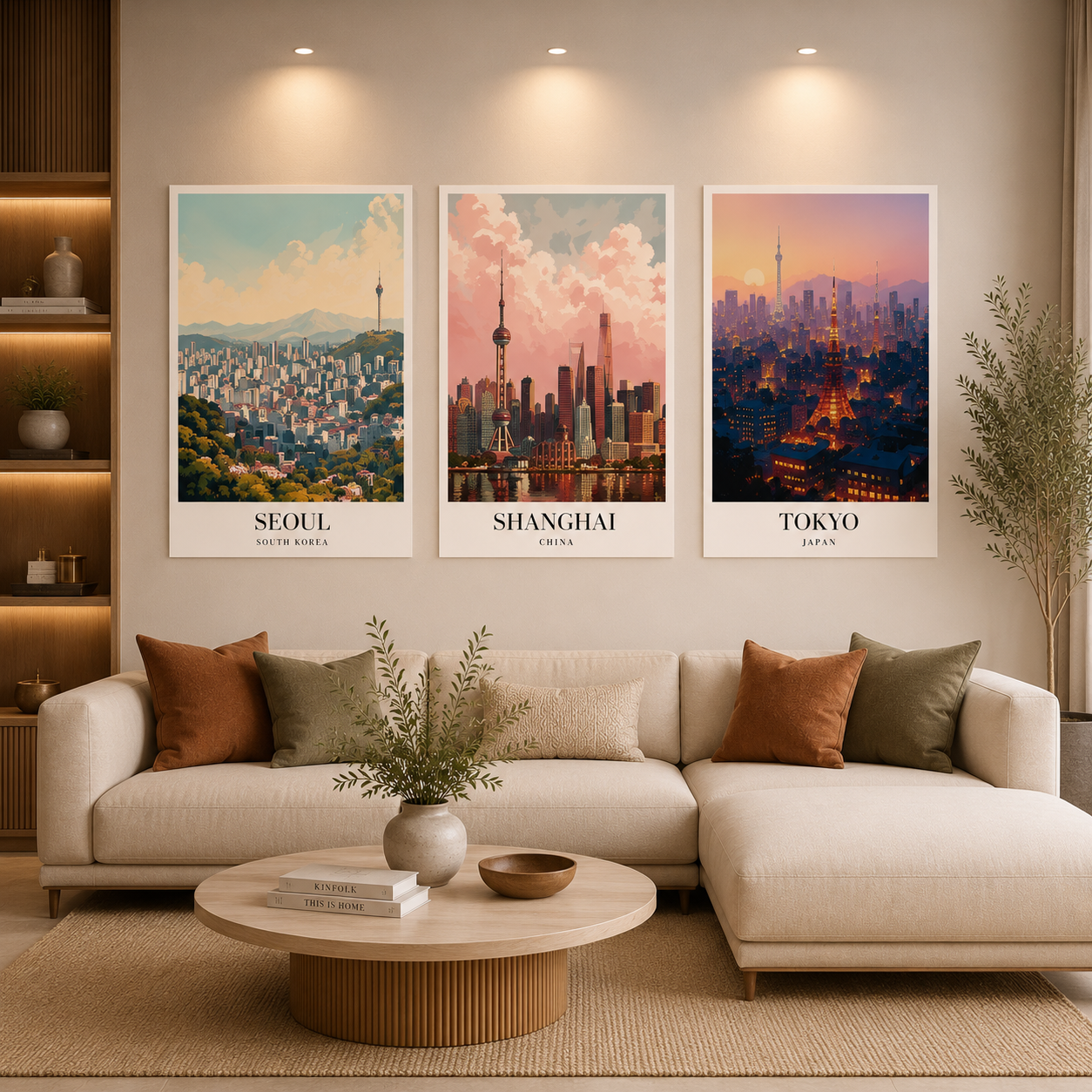 Seoul Shanghai Tokyo Cityscape Poster Set of 3 Wall Art