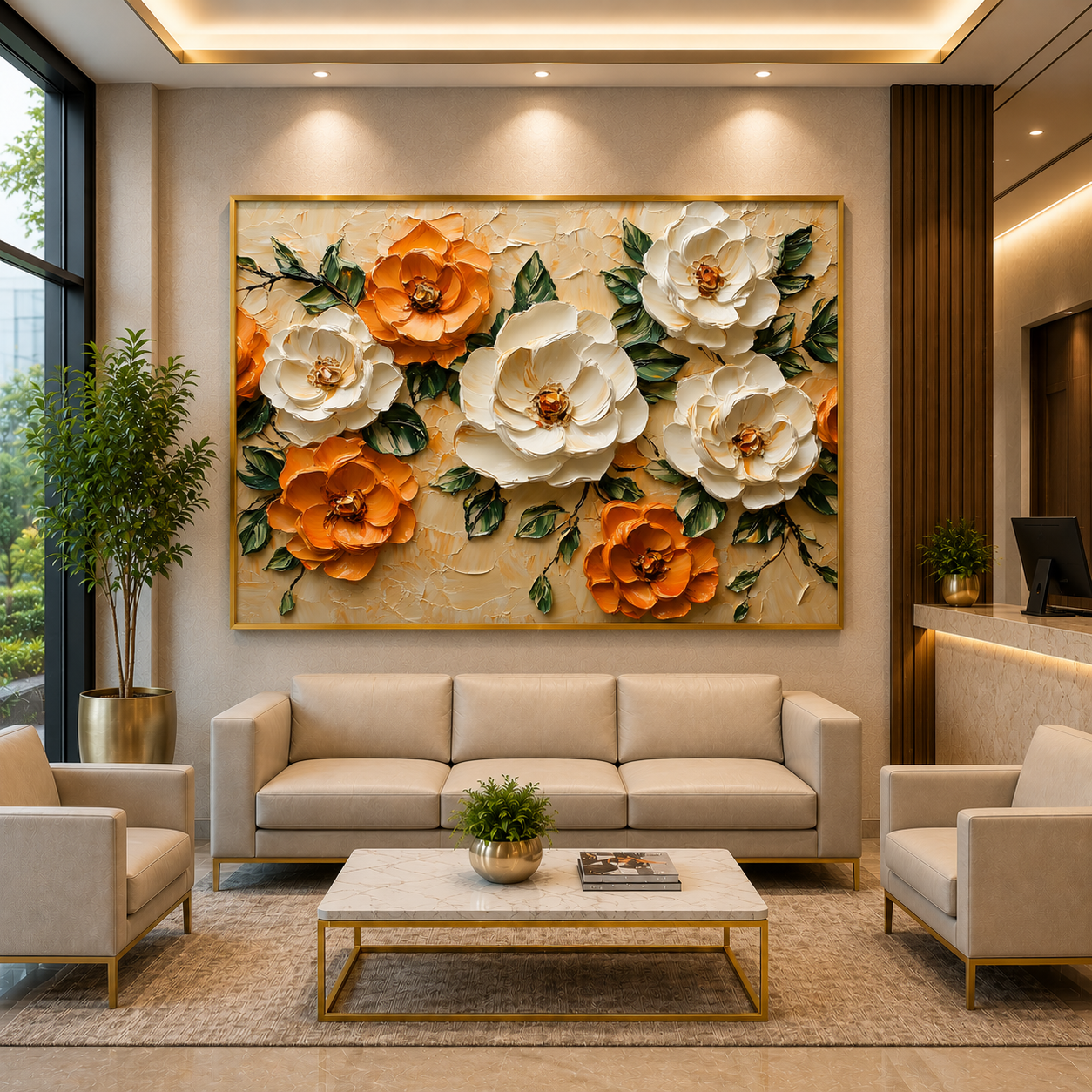 Elegant White & Amber Floral Canvas Wall Art with Gold Frame