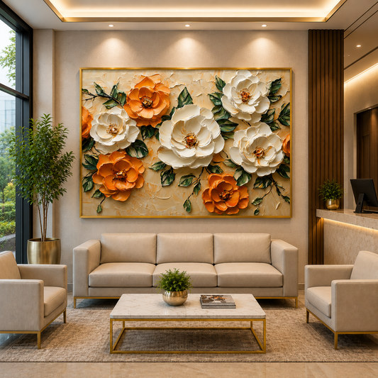 Elegant White & Amber Floral Canvas Wall Art with Gold Frame