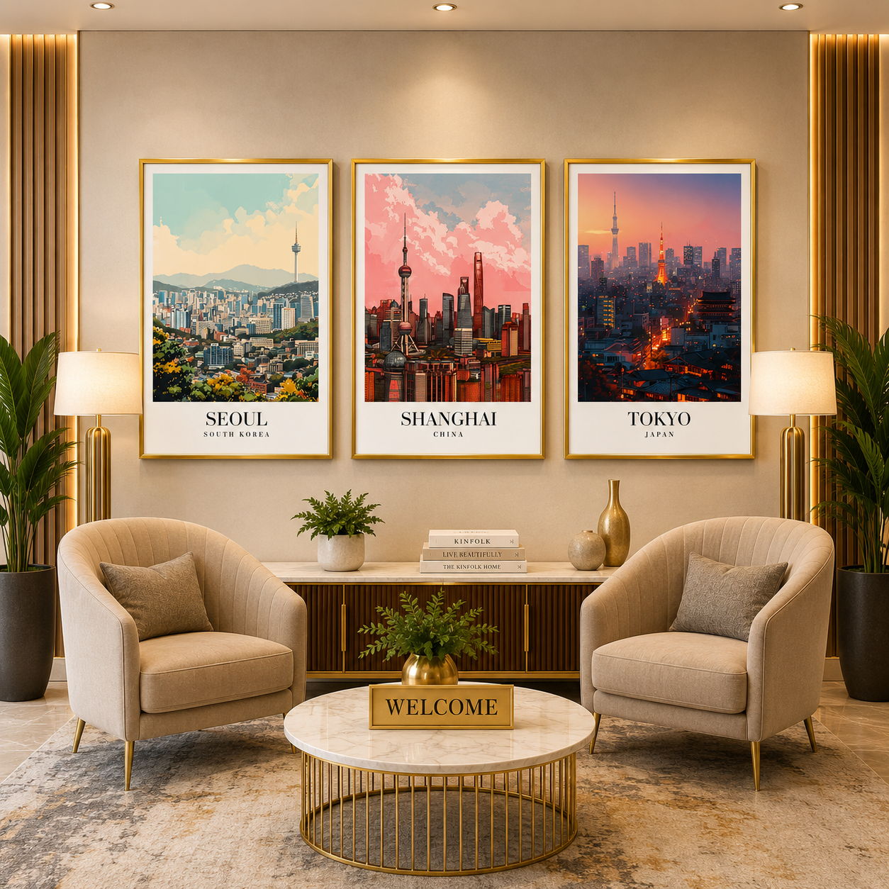 Seoul Shanghai Tokyo Cityscape Poster Set of 3 Wall Art