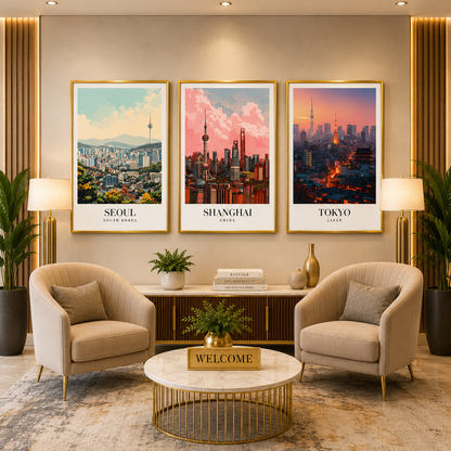 Seoul Shanghai Tokyo Cityscape Poster Set of 3 Wall Art
