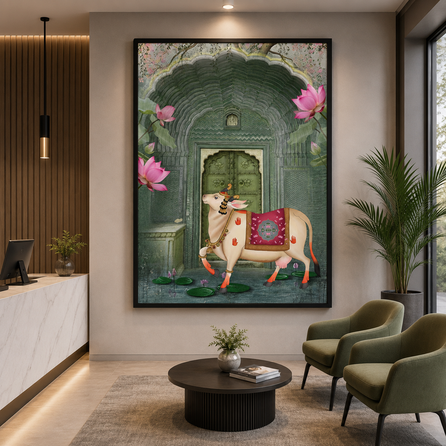 Pichwai Wall Art Painting – Sacred Cow Temple Lotus Heritage Canvas Wall Art