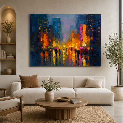Abstract Neon Rain Cityscape Canvas Wall Art
