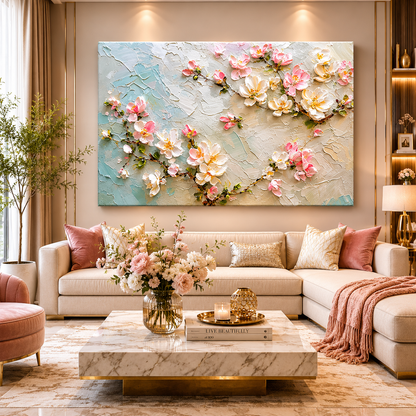 Blush Blossom Branch Canvas Wall Art for Elegant Living Spaces