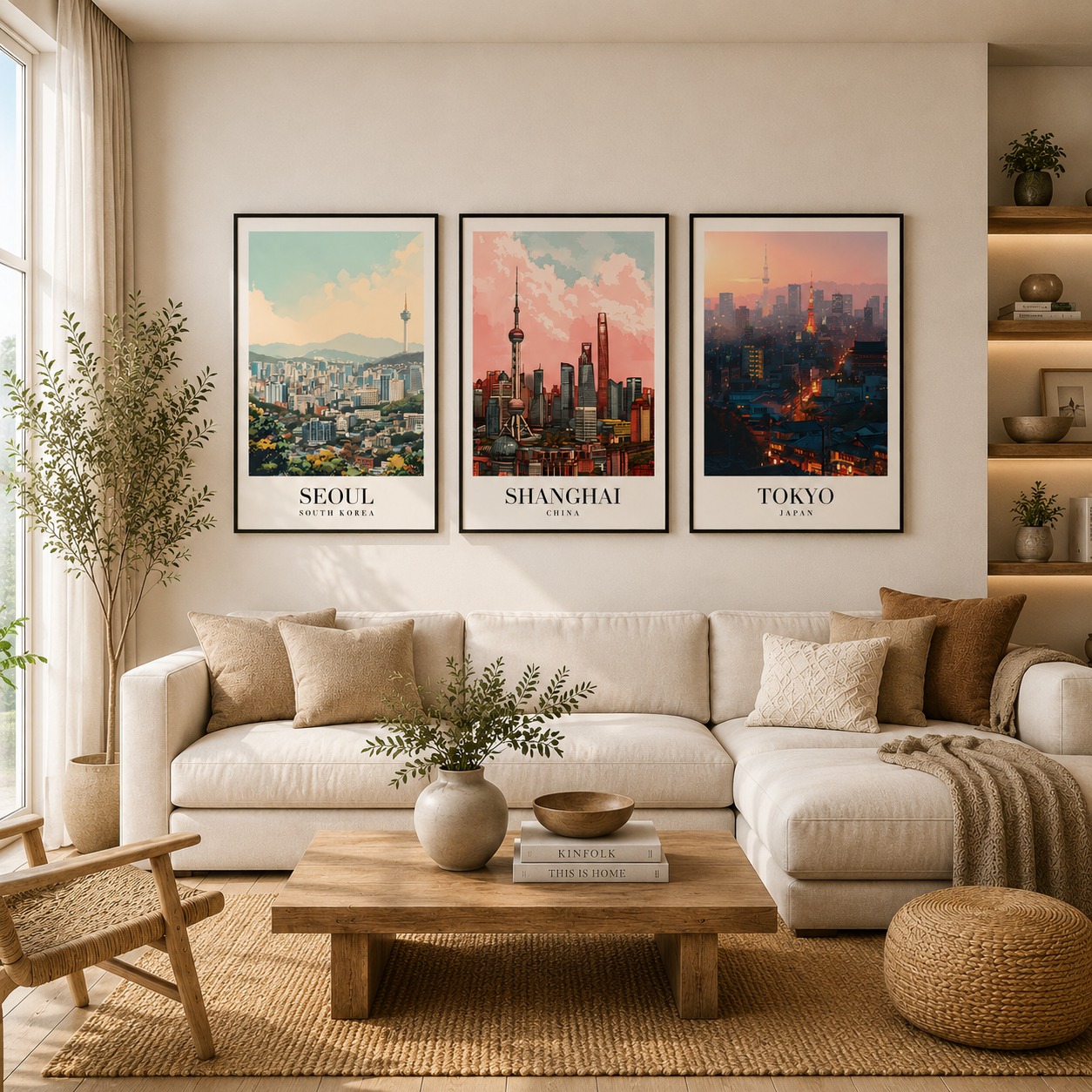 Seoul Shanghai Tokyo Cityscape Poster Set of 3 Wall Art
