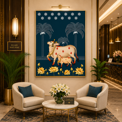 Sacred Cow & Lotus Nightscape Luxury Canvas Wall Art
