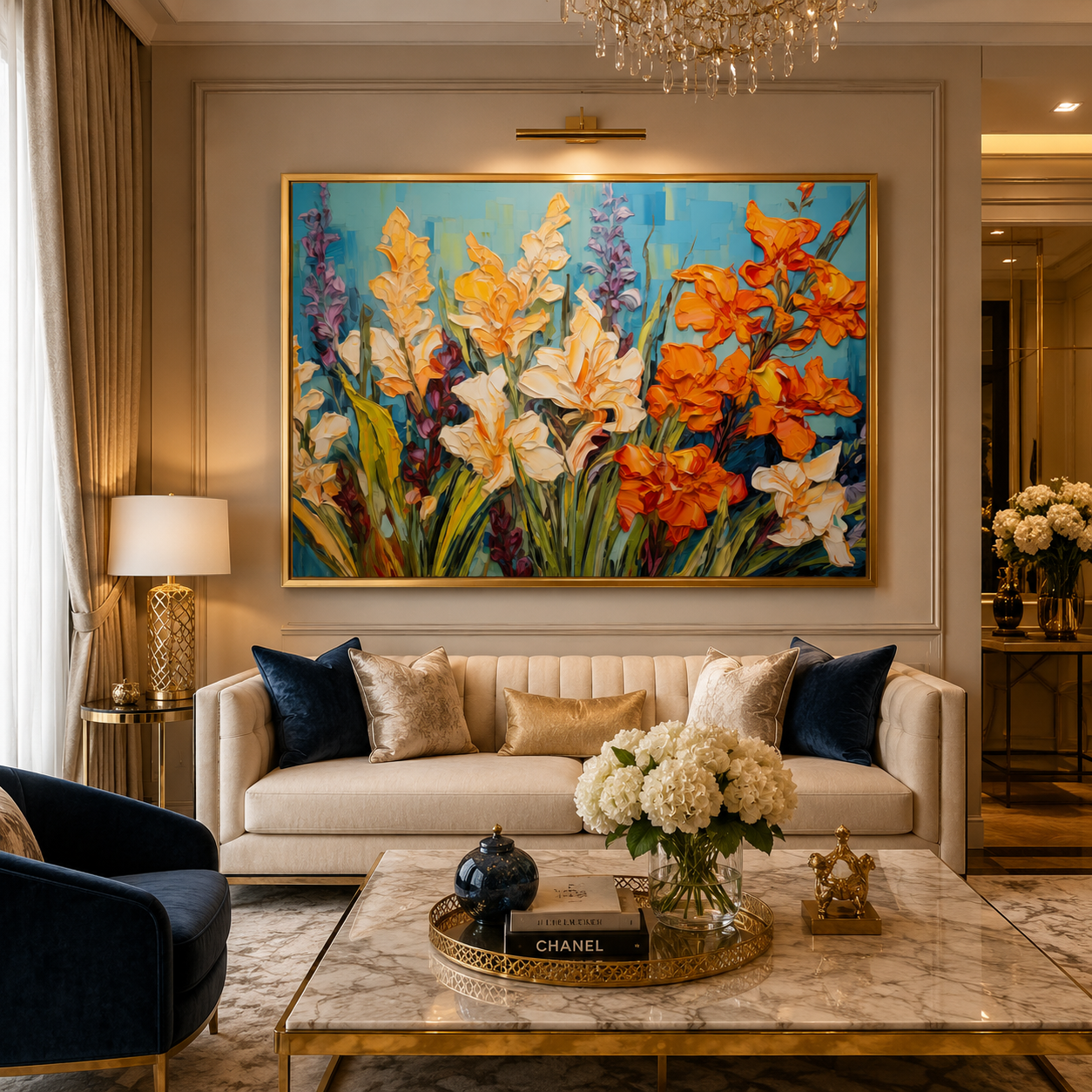 Vibrant Floral Garden Canvas Wall Art in Gold Framed Elegance