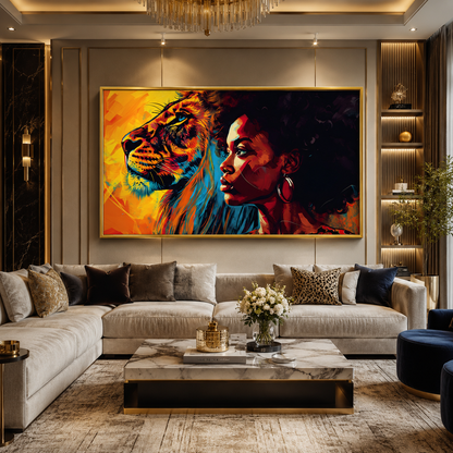 Colorful Lion & Woman Abstract Canvas Wall Art Painting