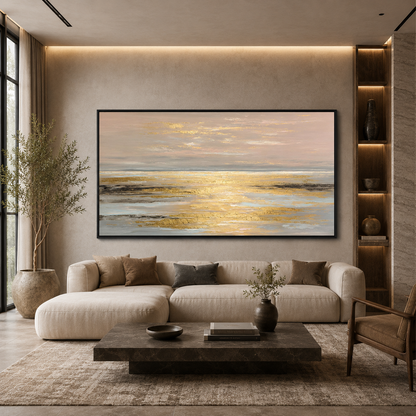 Golden Horizon Abstract Wall Art – Luxury Coastal Landscape Canvas