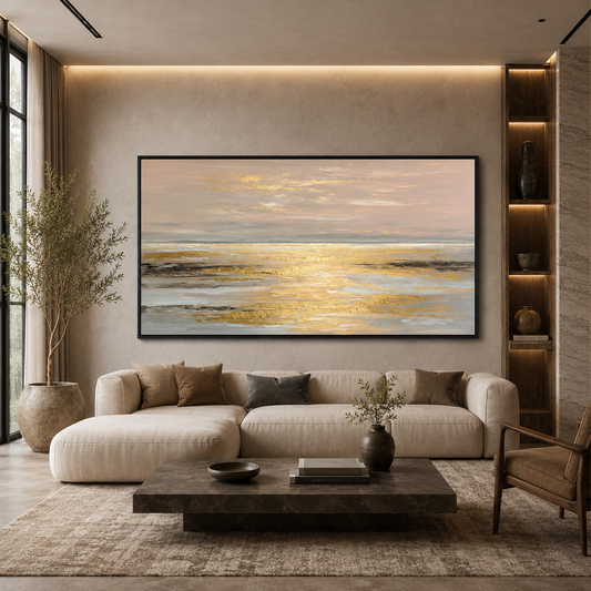 Golden Horizon Abstract Wall Art – Luxury Coastal Landscape Canvas