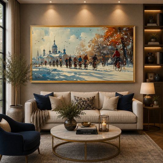 Winter Cycling Cityscape Canvas Wall Art for Modern Décor