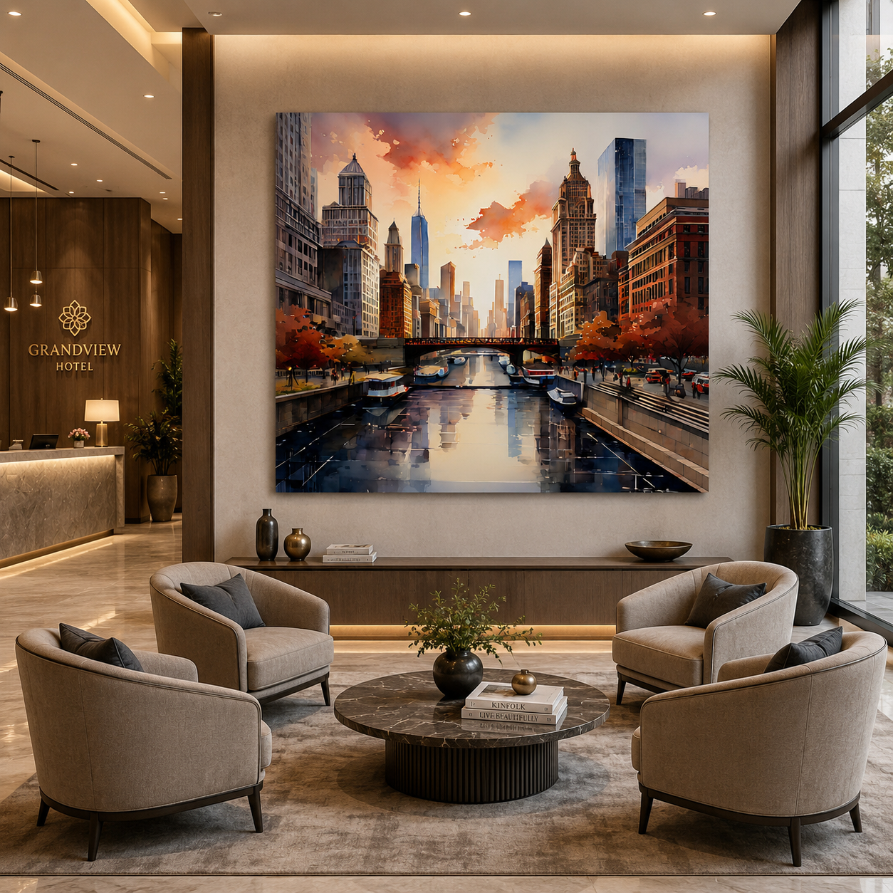 Modern City Skyline Canal Canvas Wall Art Painting