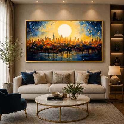 Golden Moon Cityscape Abstract Canvas Wall Art Painting