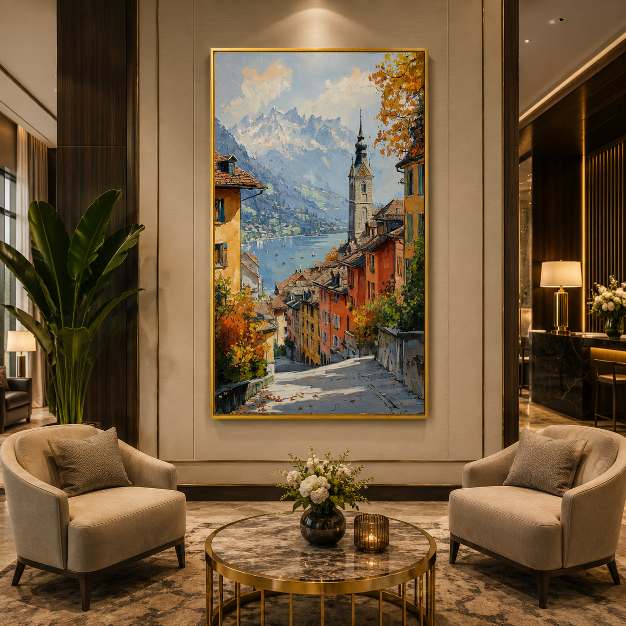 Scenic European Village Landscape Canvas Wall Art