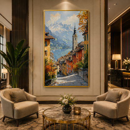 Scenic European Village Landscape Canvas Wall Art