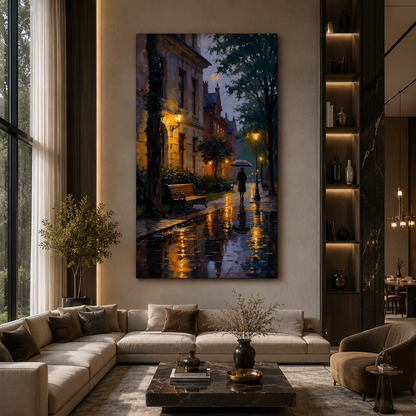 Romantic Rainy Street Vertical Canvas Wall Art Painting
