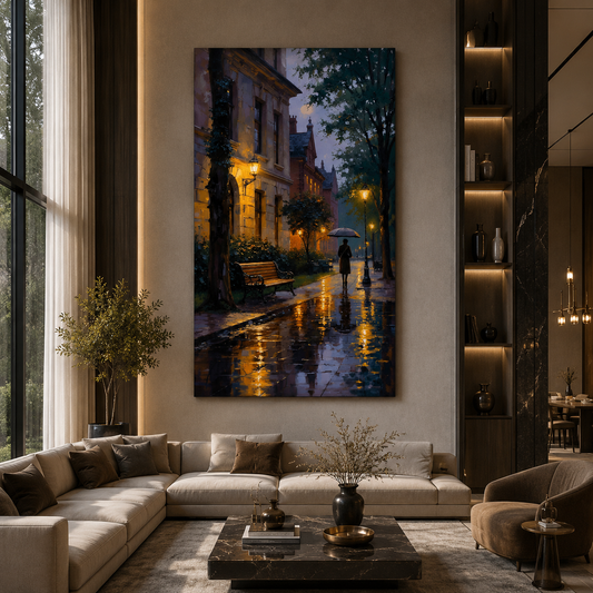 Romantic Rainy Street Vertical Canvas Wall Art Painting
