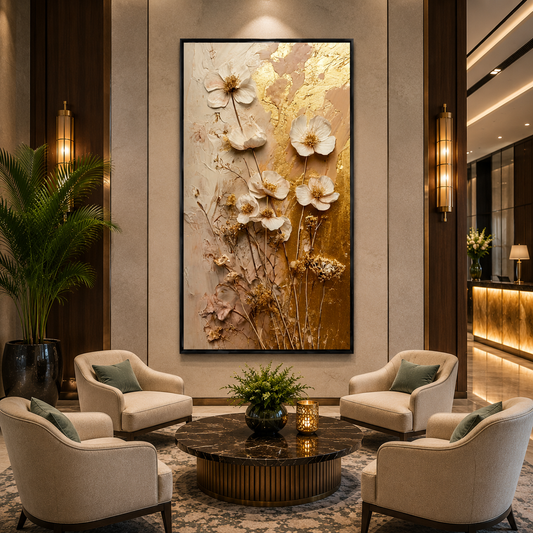 Golden Wildflower Vertical Canvas Wall Art for Luxury Interiors