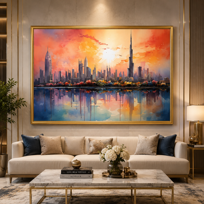 Modern Dubai Skyline Sunset Canvas Wall Art