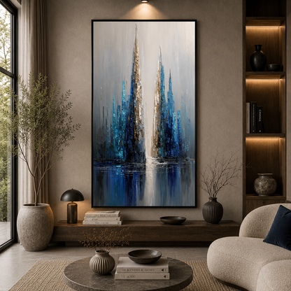 Azure Skyline Abstract Wall Art – Modern Blue Cityscape Canvas