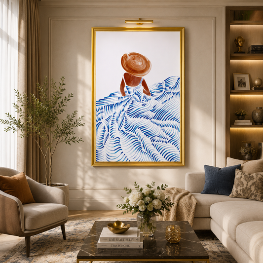 Minimalist Blue Wave Figure Canvas Wall Art Painting