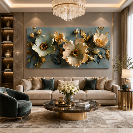 Luxury Blue & Ivory Floral Wall Art Canvas with Gold Accents