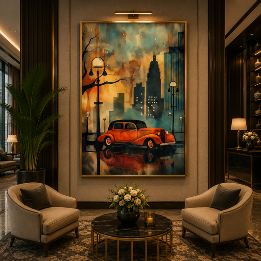 Vintage Red Car Cityscape Canvas Wall Art