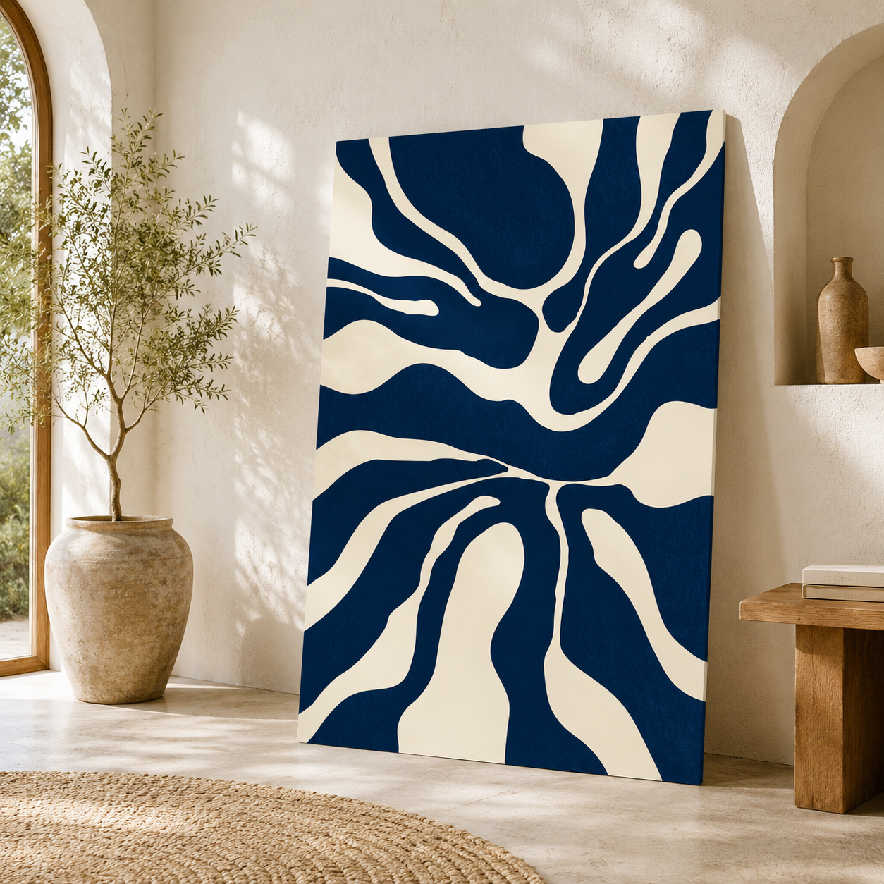Indigo Flow Abstract Wall Art – Modern Blue & White Canvas Painting